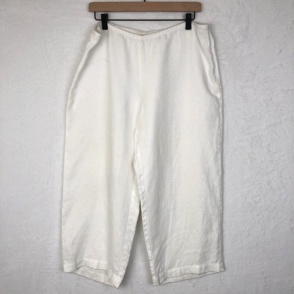 EILEEN FISHER 100% Linen Pants Cropped Sz PL White Side Zip Wide Leg Lagenlook - Picture 1 of 11